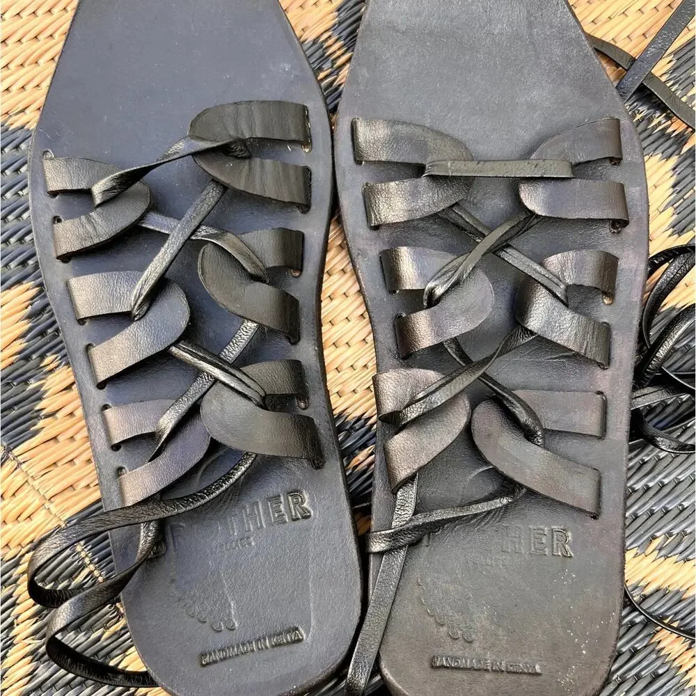Brother Vellies | Black Leather Lace-Up Gladiator Sandals Made in Kenya Sz 6